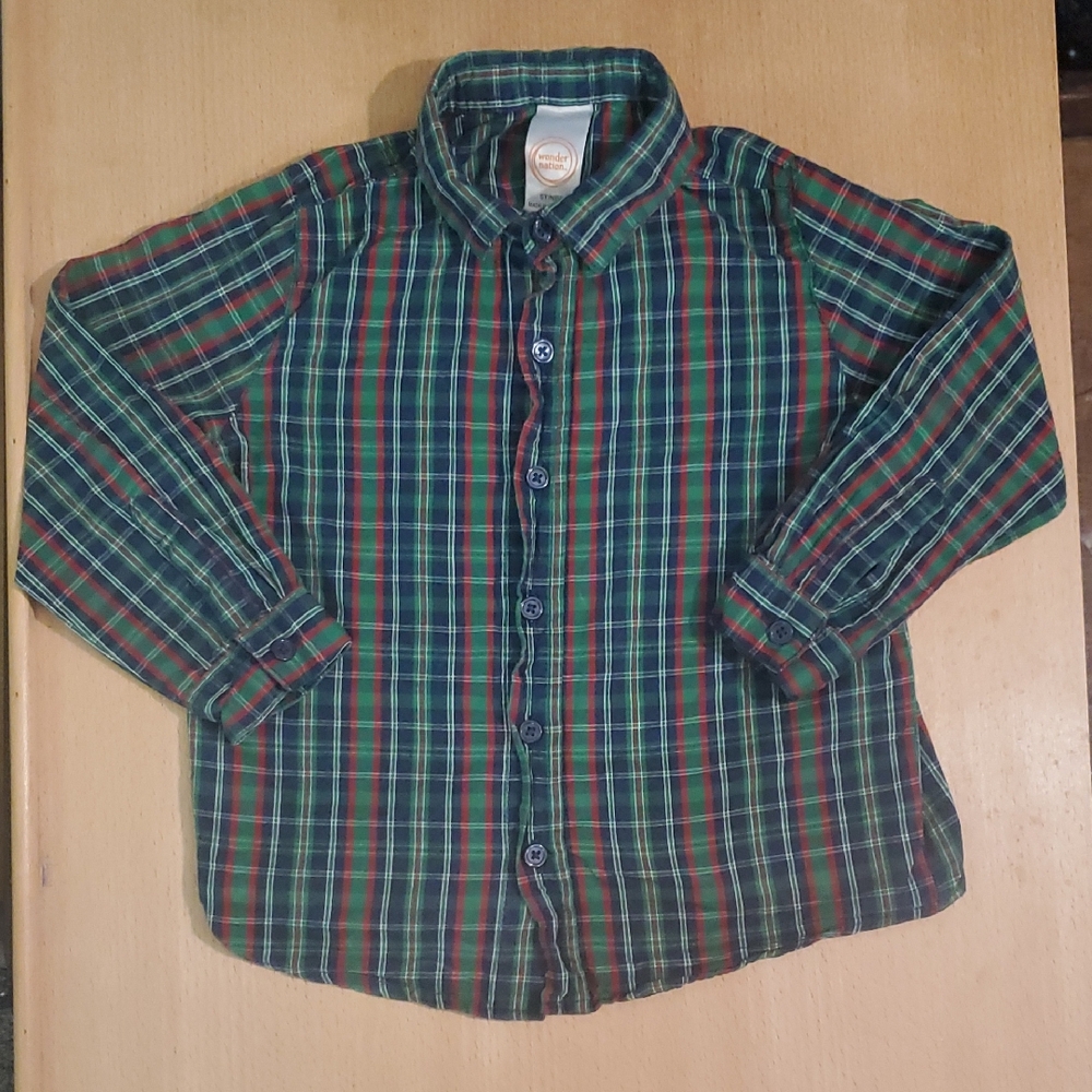 Wonder Nation Boys 5T Red and‎ Green Plaid Button-Down Shirt 🌏5/$10🌏